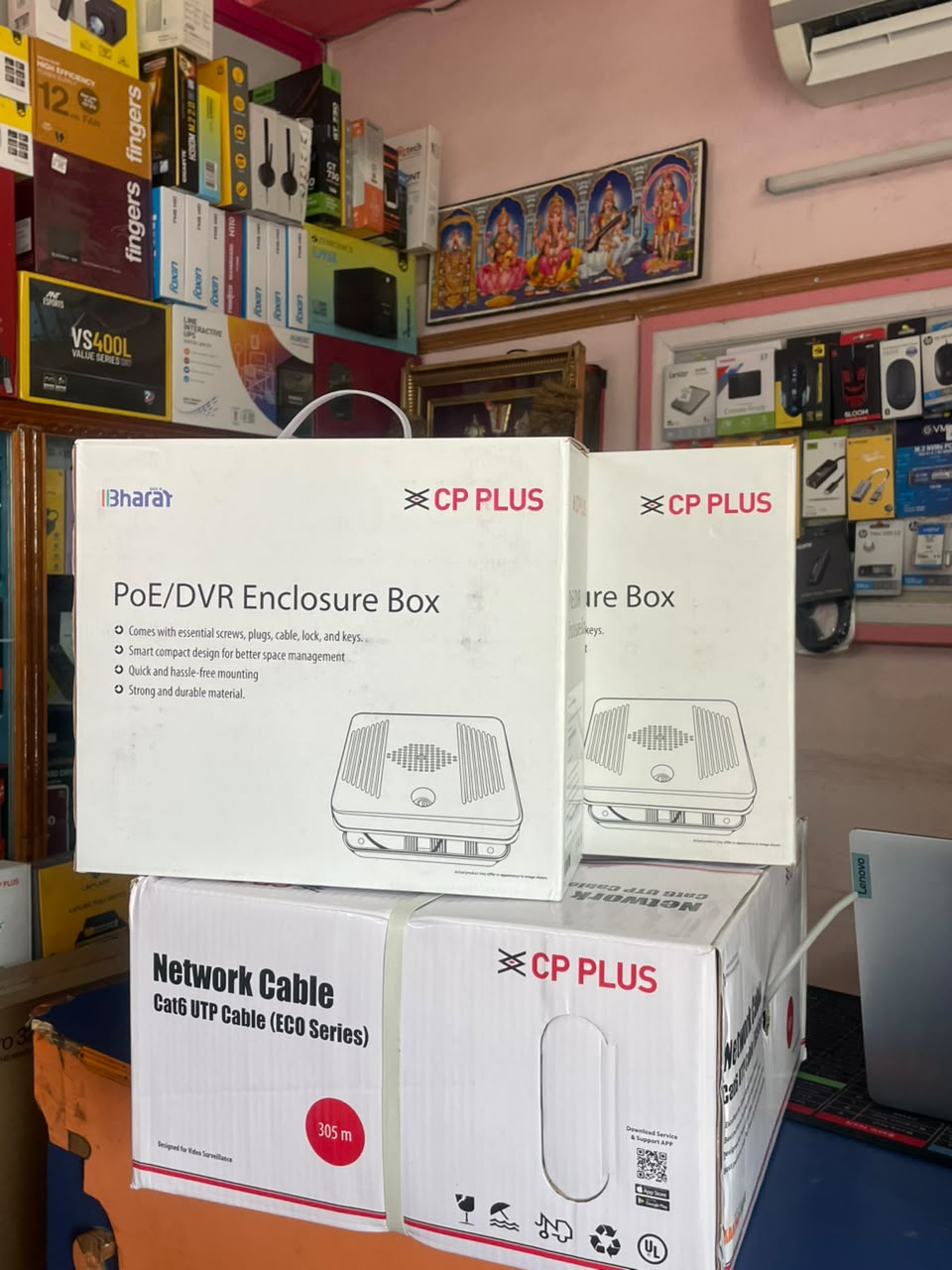 CP Plus PoE/DVR enclosure box and 305 m Cat6 UTP cable at SRS Computers